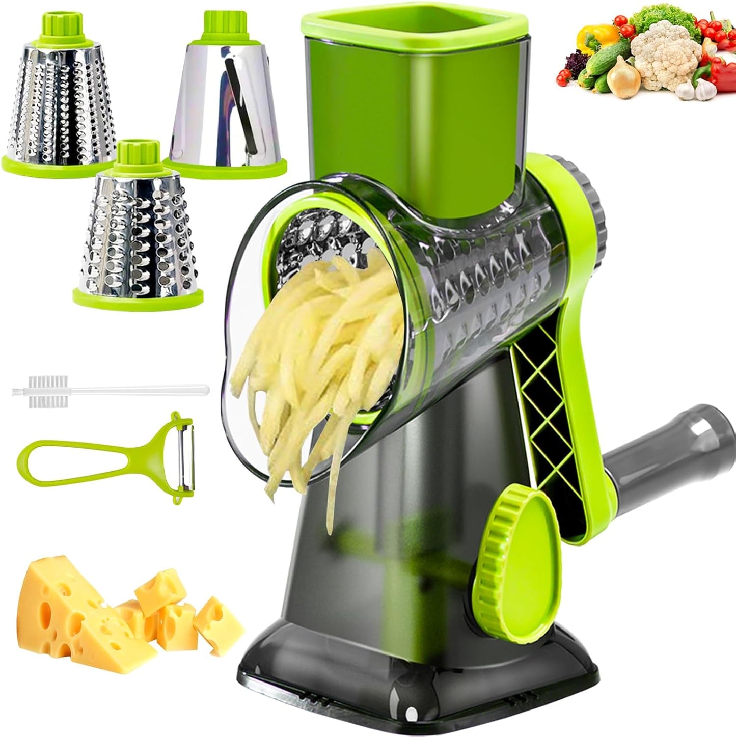 Cheese Grater with Handle, Multifunctional Manual Rotary Cheese Grater - Cheese Shredder Easily Chop Carrots, Potatoes, Vegetables and Fruits and Easy to Clean