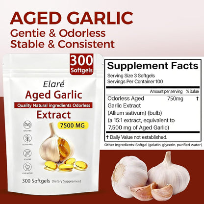ELARE Aged Garlic Extract Capsules, Odorless Garlic 15:1 Extract Formula - 600 Count, Garlic Supplement, 2-Year Matured - for Heart & Immune Support, Non-GMO, Gluten-Free