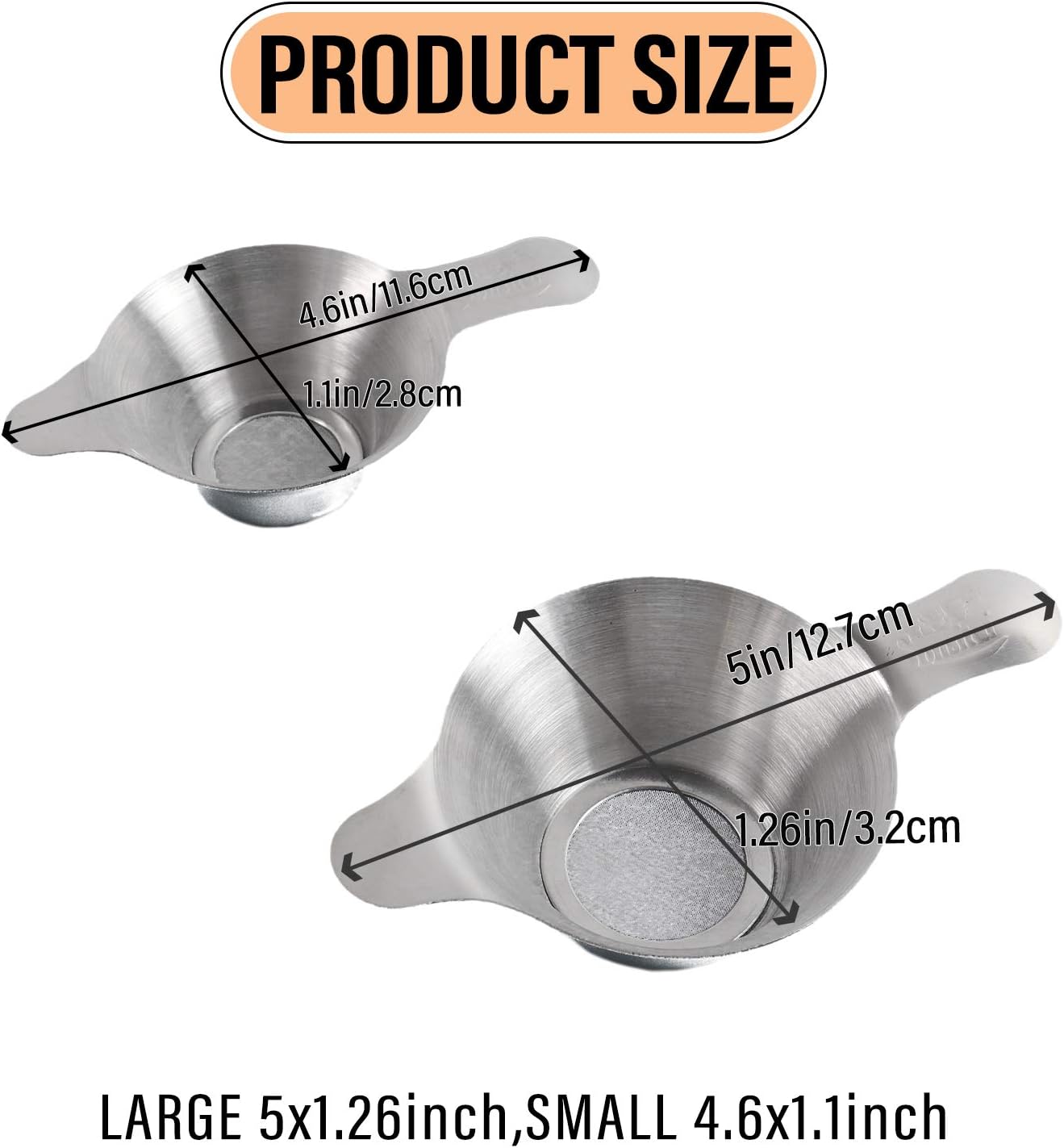 AUEAR, 2 Pack Different Size Stainless Steel Mini Strainer Fine Mesh Tea Funnel Coffee Filter with Double Handles