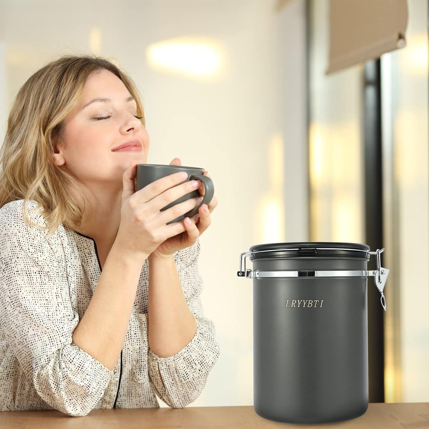 Coffee Canisters with Window,Scoop and Airtight Lid Stainless Steel Kitchen Bean Storage Grounds Container Date Tracker and Scoop for Grounds Coffee Bar Accessories (Cream+window, 22 oz)