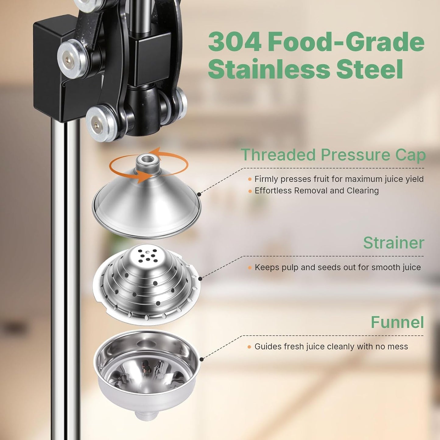Cast Iron Juicer, 17"Tall & Sturdy Flat Base | Heavy-Duty Manual Hand Press Juicer For Orange Lemon Lime Pomegranate & Citrus, Orange Squeezer, Stainless Steel Cup, Easy to Clean, Black