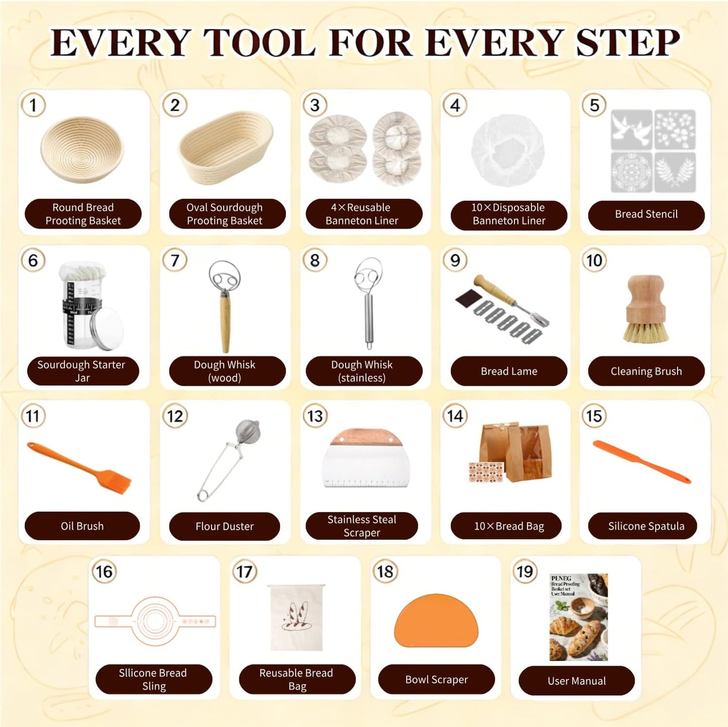 Sourdough Starter Kit, Sourdough Bread Baking Supplies, 9" Round & 10" Oval Banneton Bread Proofing Basket, Bread Sling, Starter Jar, Dough Whisk ect Complete Baking Set for Women Wife Mom