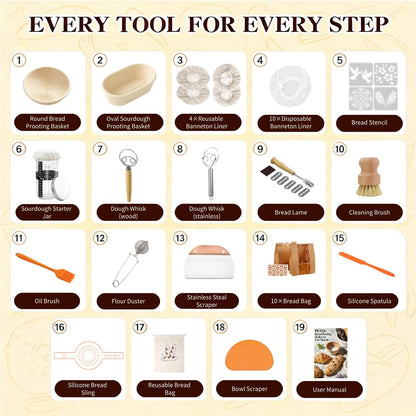Sourdough Starter Kit, Sourdough Bread Baking Supplies, 9" Round & 10" Oval Banneton Bread Proofing Basket, Bread Sling, Starter Jar, Dough Whisk ect Complete Baking Set for Women Wife Mom