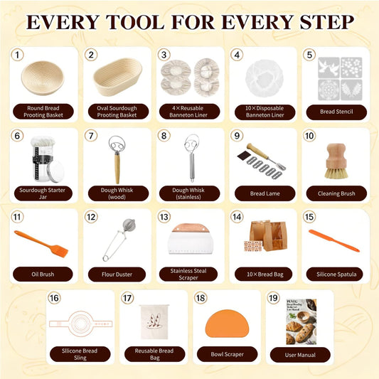 Sourdough Starter Kit, Sourdough Bread Baking Supplies, 9" Round & 10" Oval Banneton Bread Proofing Basket, Bread Sling, Starter Jar, Dough Whisk ect Complete Baking Set for Women Wife Mom