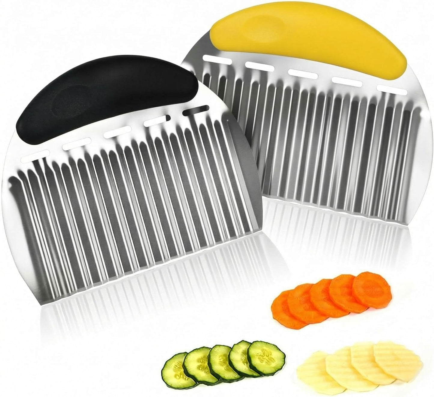 2 Pcs Stainless Steel Crinkle Chopper & French Fry Cutter Heavy Duty Wavy Potato Slicer for Vegetables Fruits Cheese Kitchen Gadget Vegetable Chopping Tool (Black & Yellow)