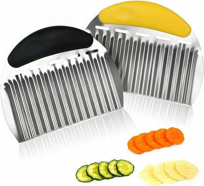 2 Pcs Stainless Steel Crinkle Chopper & French Fry Cutter Heavy Duty Wavy Potato Slicer for Vegetables Fruits Cheese Kitchen Gadget Vegetable Chopping Tool (Black & Yellow)
