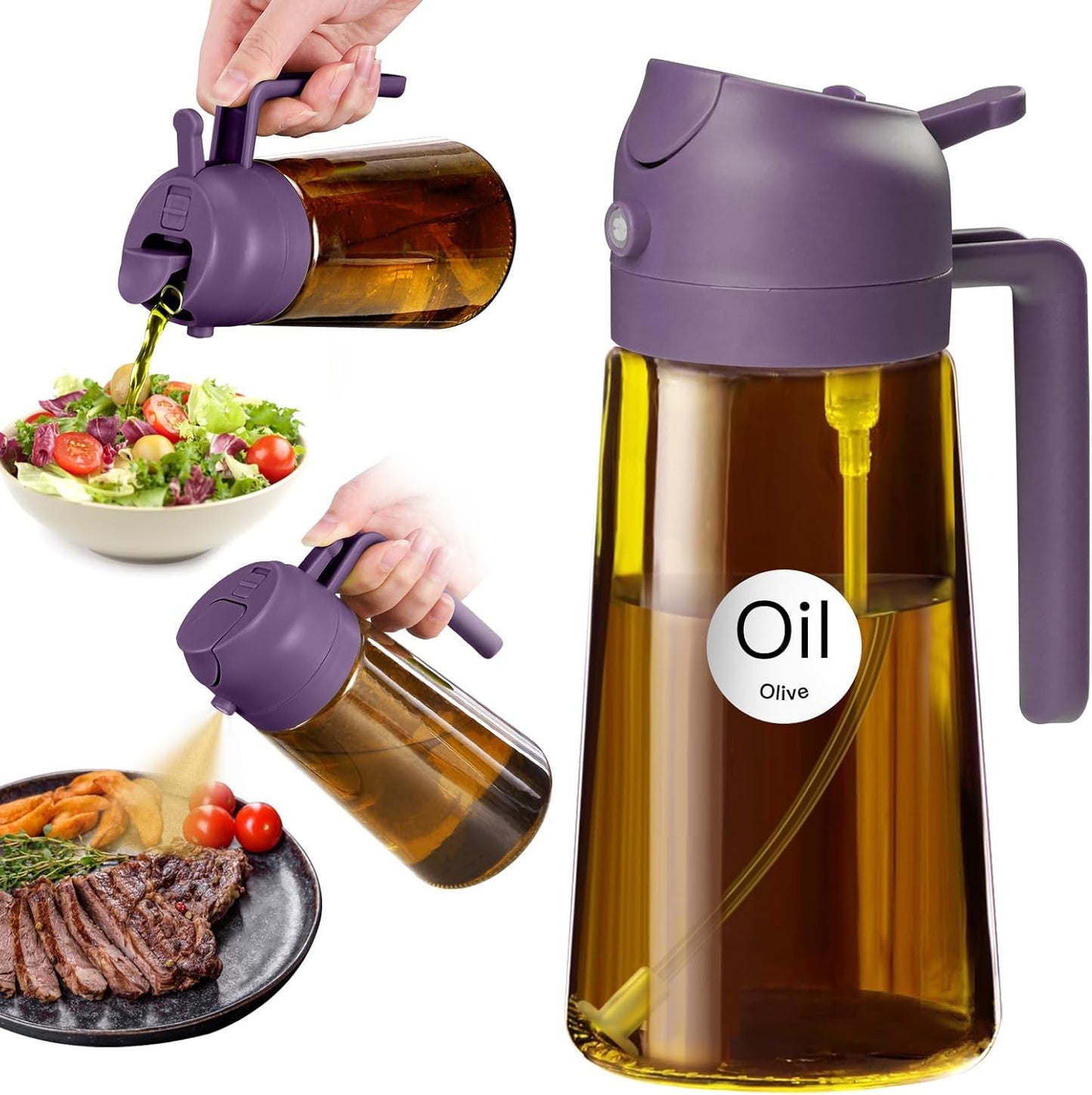YARRAMATE 16oz/470ml Light Blocking Oil Sprayer for Cooking with Stickers, Food-Grade 2 in 1 Olive Oil Dispenser Bottle for Kitchen, Premium Dark Amber Glass Oil Bottle for Air Fryer, BBQ (Black)