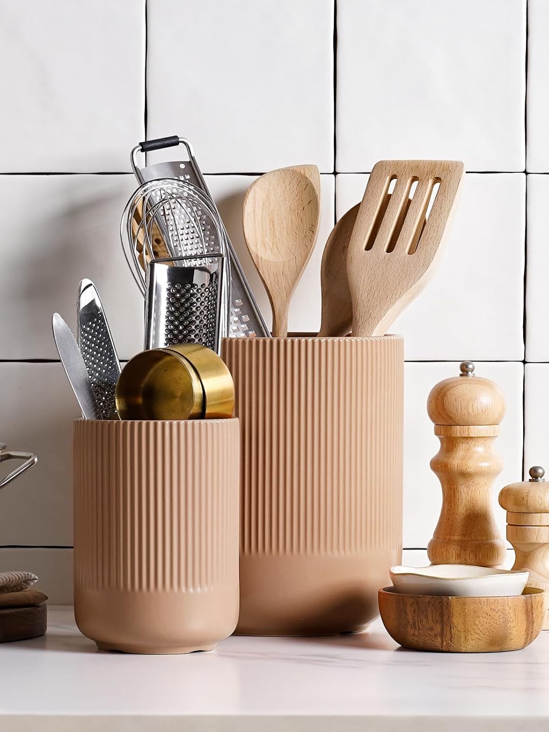 LE TAUCI Utensil Holder for Kitchen Counter, 7.3"+5.4" Fluted Ceramic Utensil Crock Organizer for Countertop, Heavy Large Holder for Spatulas, Spoons, Set of 2, White, Kitchen Counter Decor