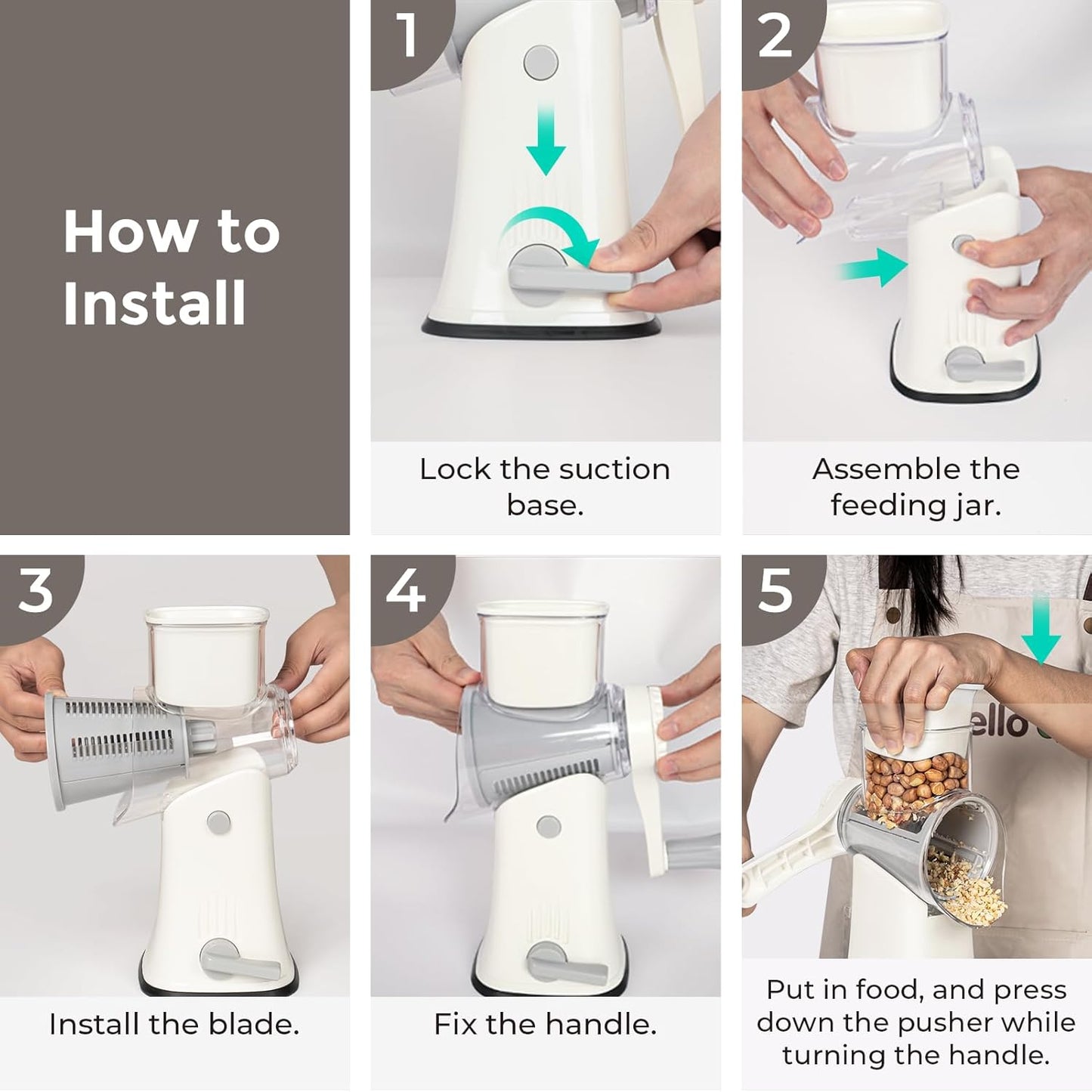 X Home Rotary Cheese Grater for Kitchen, Shredder with 3 Interchangeable Blades, Rotary Grater with Handle and Strong Suction Base, for Vegetables, Fruit, Nuts, Easy to Use and Clean, Blue