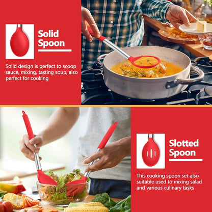 P&P CHEF Black Kitchen Cooking Utensil Set of 4, Silicone Solid Spatulas Slotted Spoons Turners for Non-stick Cookware Flipping Mixing, Heat-proof
