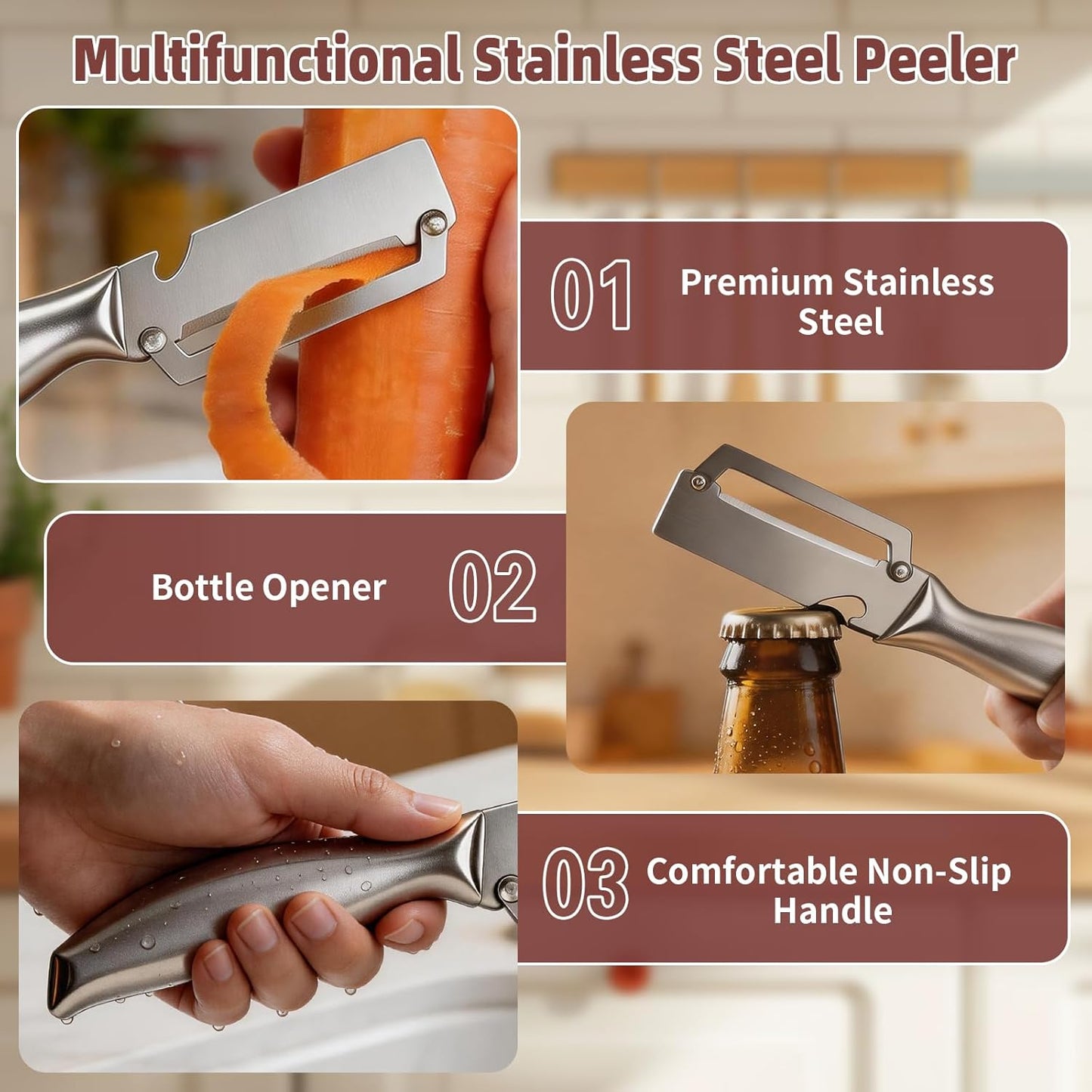 Multifunctional Vegetable Peeler, 3 in 1 Julienne Peeler with Wooden Handle, Vegetable Shredder with Bottle Opener Kitchen Tool for Peeling Veggie Fruit Pineapple Pumpkin Papaya Carrrot(2 Pack)