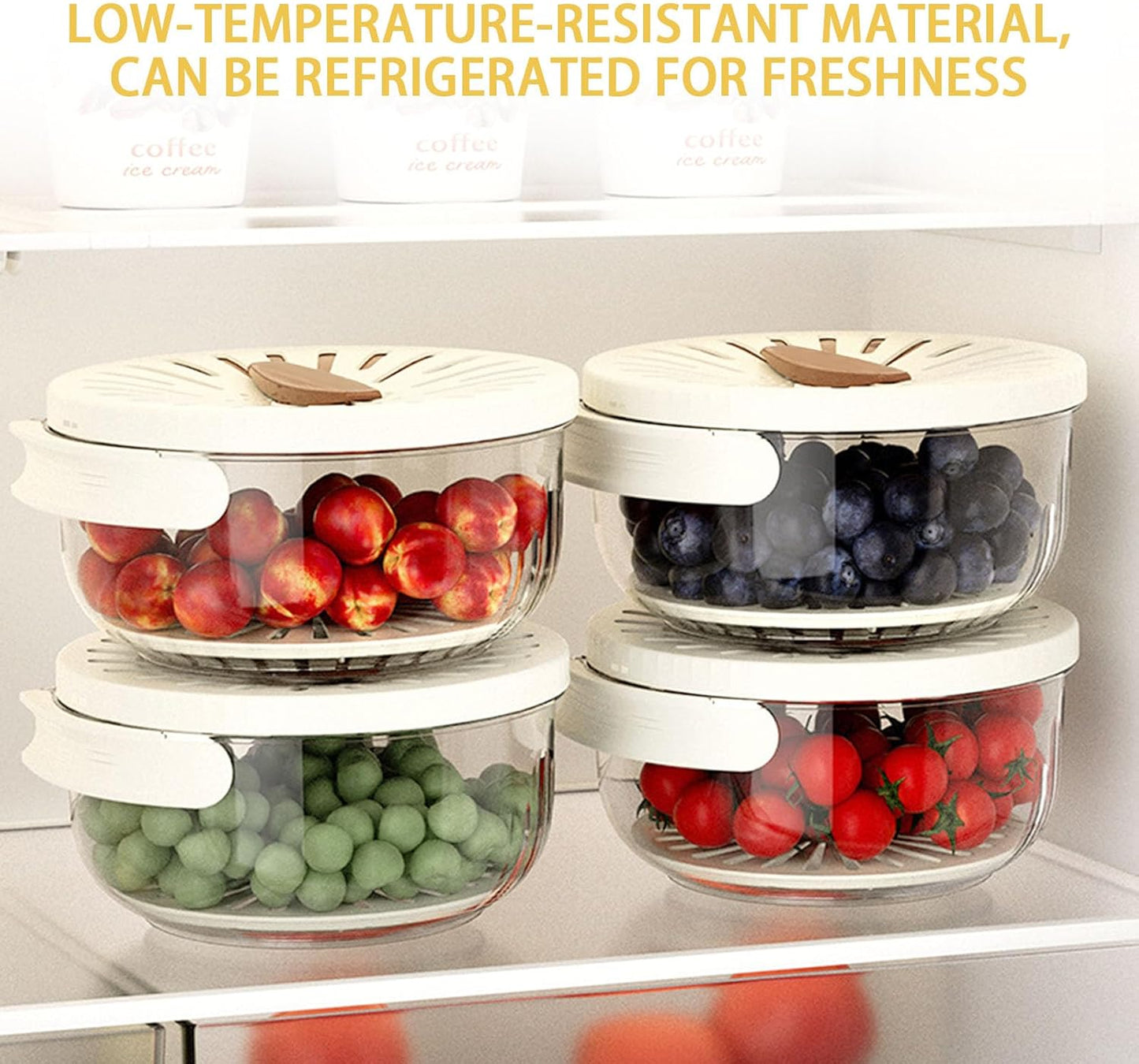 Fruit Washer Strainer Bowl with Foldable Handle, 2 in 1 Fruit Washing Bowl with Strainer with 15 Pcs Food Storage Bags, Fruit Colander Storage Container for Kitchen Fridge Picnic, Brown