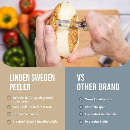 Linden Sweden Original Jonas Vegetable Peeler - Rust Resistant Silver Carrot and Potato Peeler with Ergonomic Handle for Safety and Control - Dishwasher Safe and Compact - Made In Sweden - 6.5in