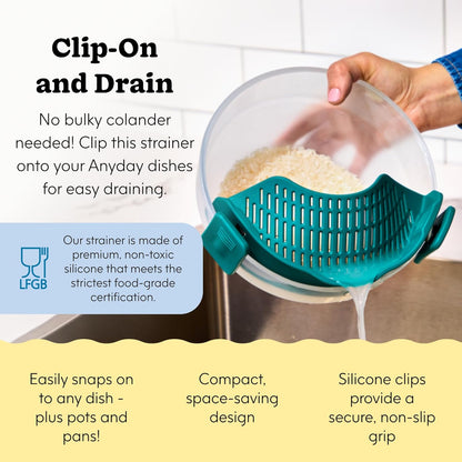 Anyday Silicone Clip On Strainer for Pots and Pans & Glass Dishes | Pot Strainer Silicone, Universal Clip On Pasta Strainer for Meat, Rice, & Vegetables (Kale)