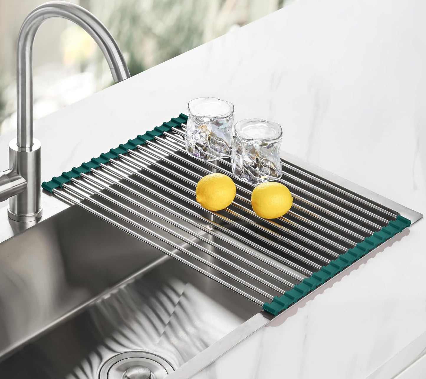 Tomorotec 17.7" x 15.5" Roll Up Dish Drying Rack Over Sink Drying Rack Sink Cover Kitchen Sink Accessories Gadget Multipurpose Organizer Foldable Stainless Steel Drainer