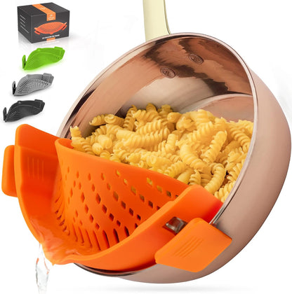 Zulay Silicone Pot Strainer - Adjustable Snap On Strainer For Most Pans & Pots - Food Grade, Heat Resistant, Colander For Draining Pasta, Fruits & Vegetables (Orange)