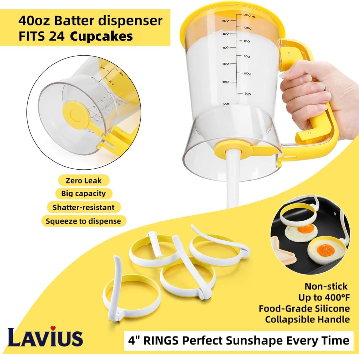 5-Piece Griddle Breakfast Kit | Pancake Batter Dispenser with Sturdy Handle and 4 Silicone Egg Rings | Perfect for Blackstone Griddles, Outdoor Grilling, Camping & Home Kitchen