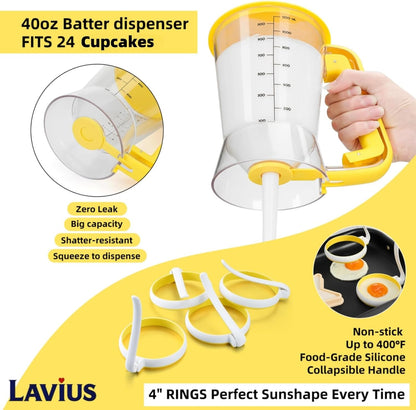 5-Piece Griddle Breakfast Kit | Pancake Batter Dispenser with Sturdy Handle and 4 Silicone Egg Rings | Perfect for Blackstone Griddles, Outdoor Grilling, Camping & Home Kitchen