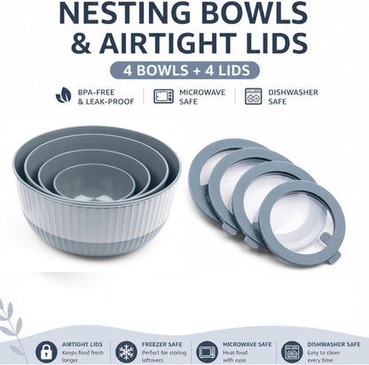 Mixing Bowls with Lids, 8-Piece Airtight Leak-Proof Nesting BPA-Free Bowl Set for Kitchen & Food Storage, Large 4200ml Capacity, Microwave & Dishwasher Safe