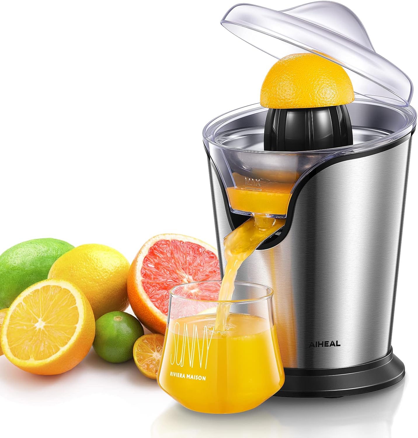 Aiheal Orange Juicer Machine Electric Citrus Juicer with Two Interchangeable Cones Suitable for All Size of Citrus Fruits, Anti-drip Spout and Ultra Quiet Motor, BPA Free, Brushed Stainless Steel