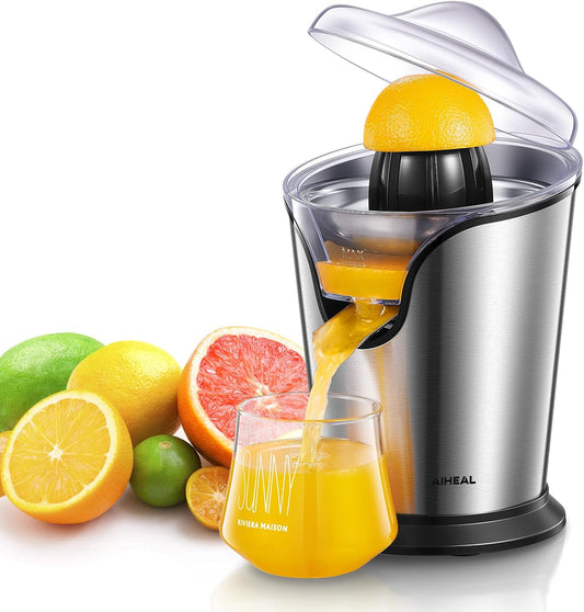 Aiheal Orange Juicer Machine Electric Citrus Juicer with Two Interchangeable Cones Suitable for All Size of Citrus Fruits, Anti-drip Spout and Ultra Quiet Motor, BPA Free, Brushed Stainless Steel