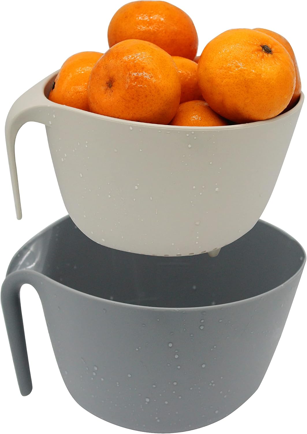 2 in 1 Colander with Long Handle Strainer and Mixing Bowl, Fruit Vegetable Washing Basket, Double Layered Strainer, Non-slip Bottom, Stackable, Dishwasher Safe, Soaking Draining and Straining