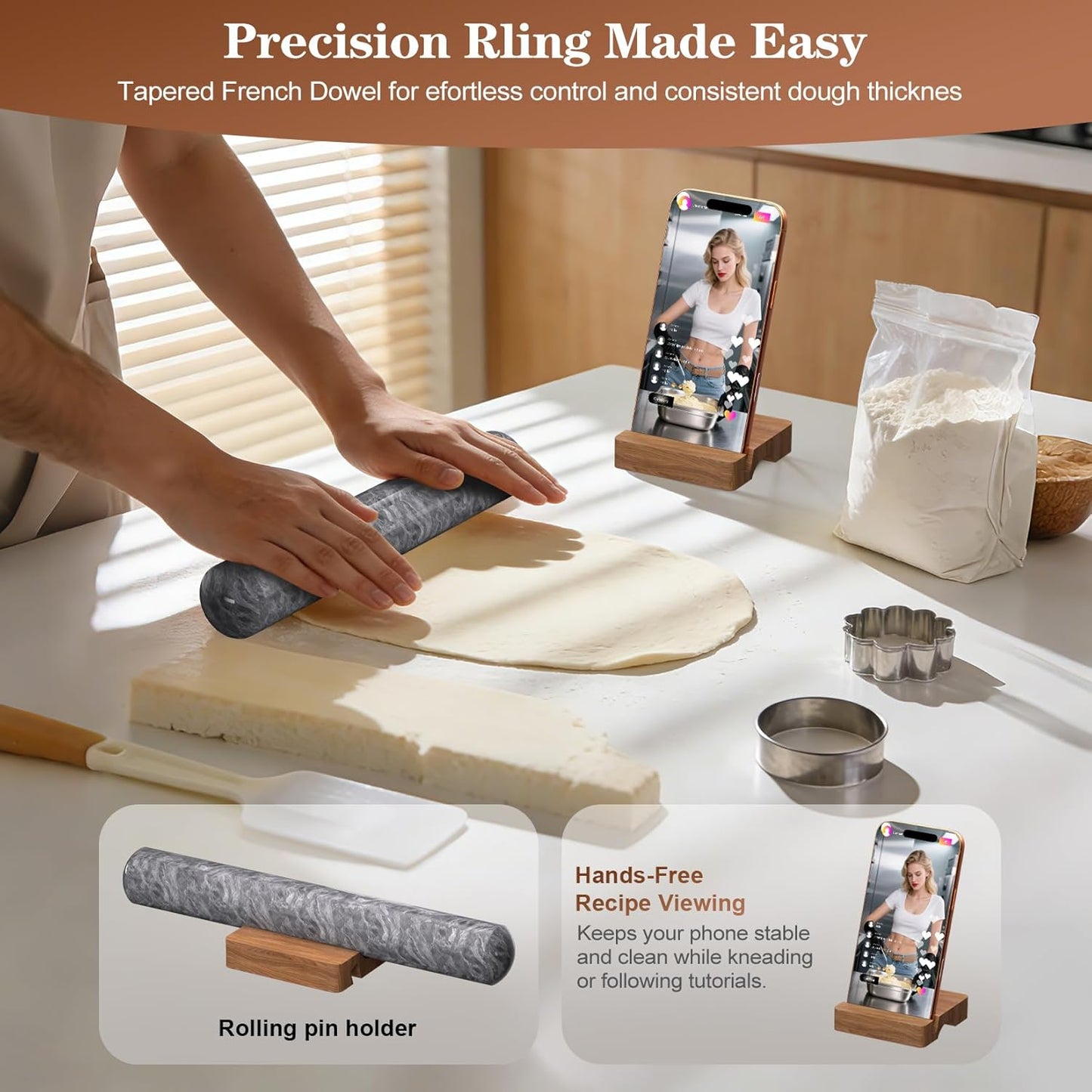 French Rolling Pin for Baking, FiiMan 12 Inch Marble Rolling Pins with Wooden Stand, Heavy Stone French Polished Non-Stick Roller Pins For Baking Cookie Pizza Pastry (Black)