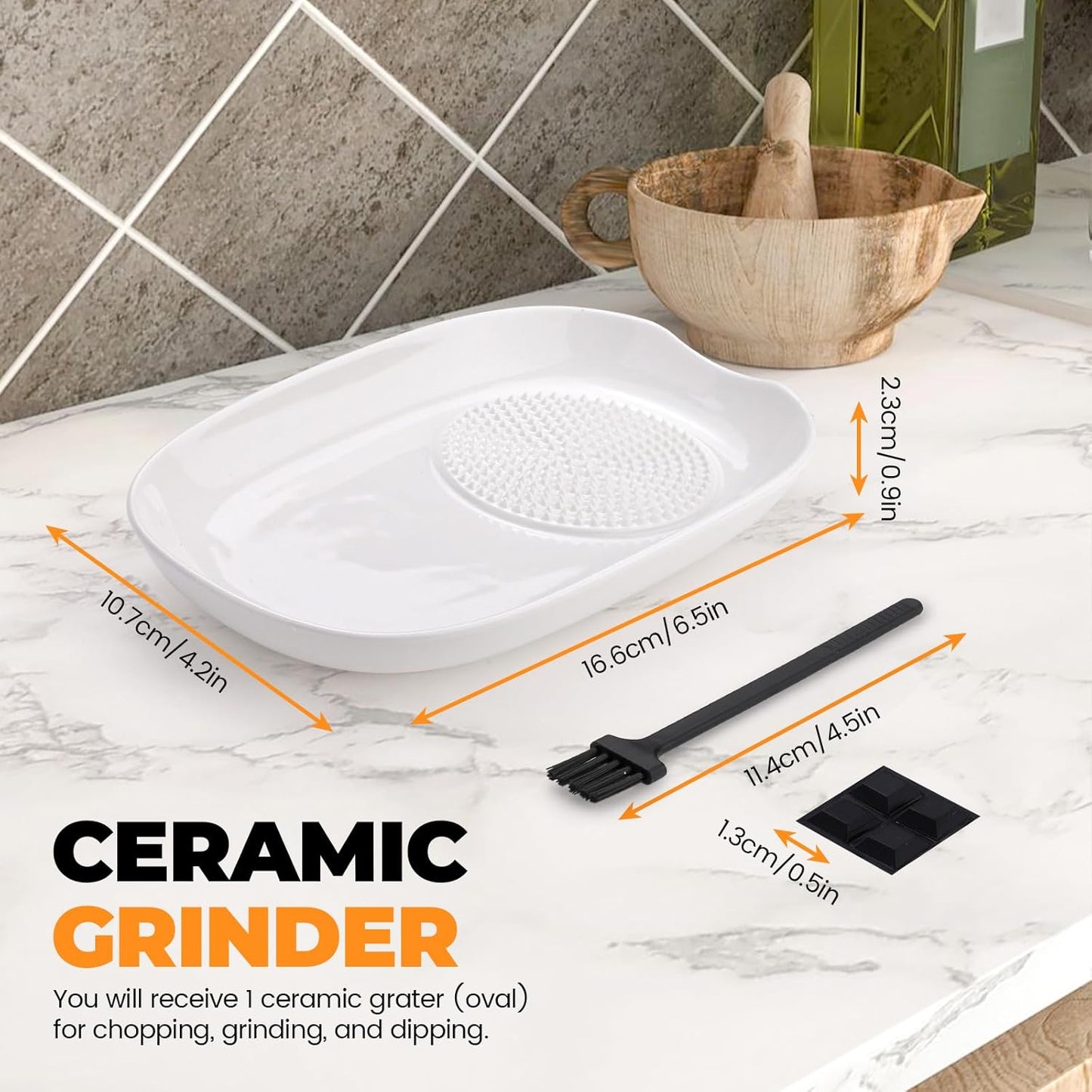 LELE LIFE Ceramic Grater Plate for Garlic and Ginger, Porcelain Garlic Grater Plate Bowl Dish for Grating, Grinding and Dipping (Oval)
