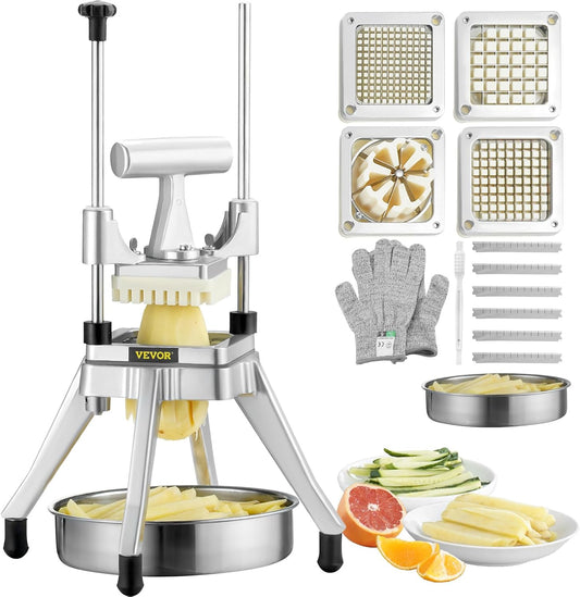 VEVOR French Fry Cutter, Ergonomic Potato Slicer with 3 Blades (1/2", 3/8", 1/4") & Juicer Plate, Easy-Replace Vegetable Chopper Dicer for Carrot, Onion, Lemon, Ideal for Home & Commercial Kitchens