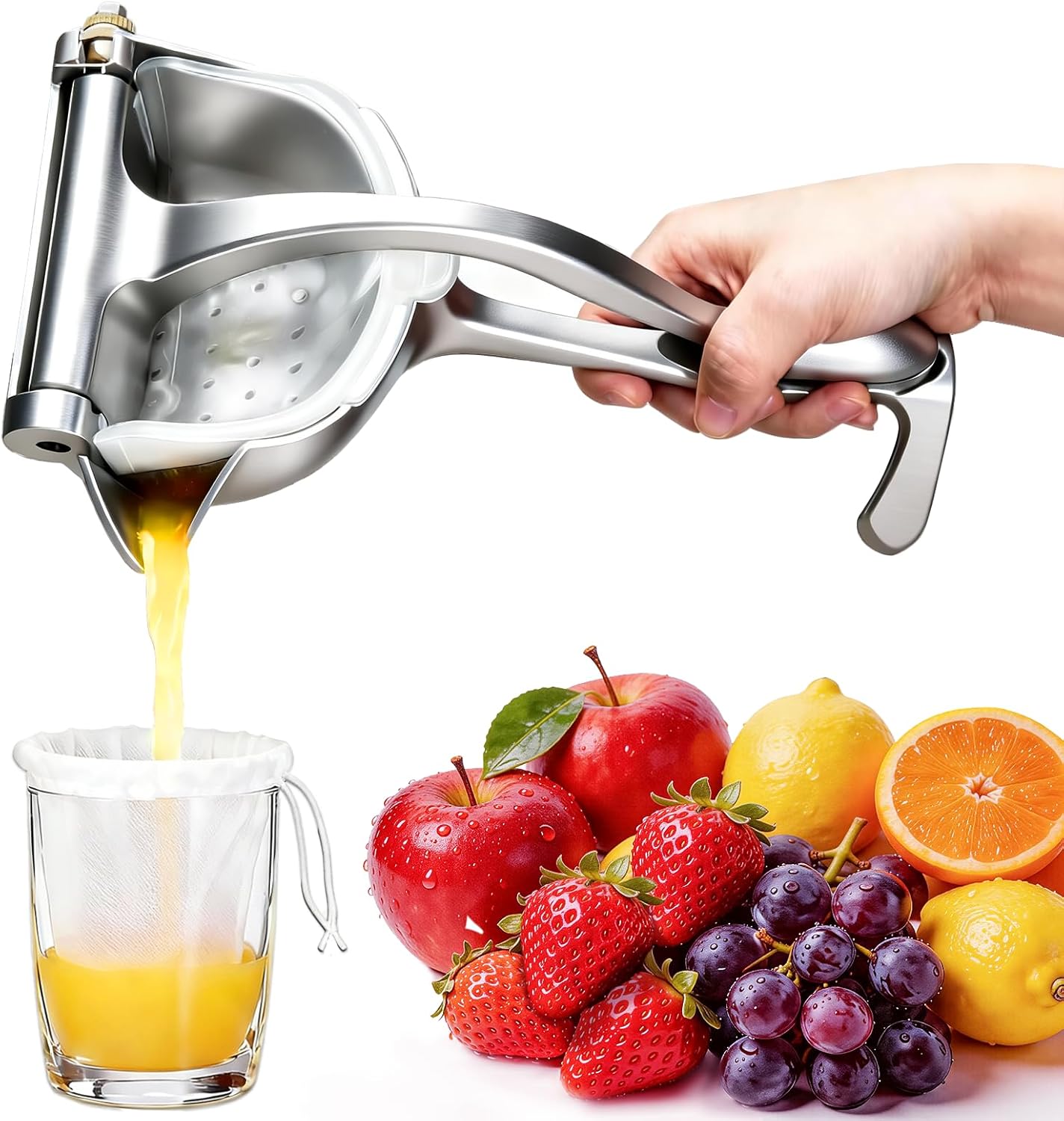 Fruit Juice Squeezer Manual Juicer – 304 Stainless Steel Hand Juicer Juice Press with Metal Filter filter bag, Easy to Use & Clean, Non-Slip Ergonomic Grip, for Lemon, Orange & Citrus