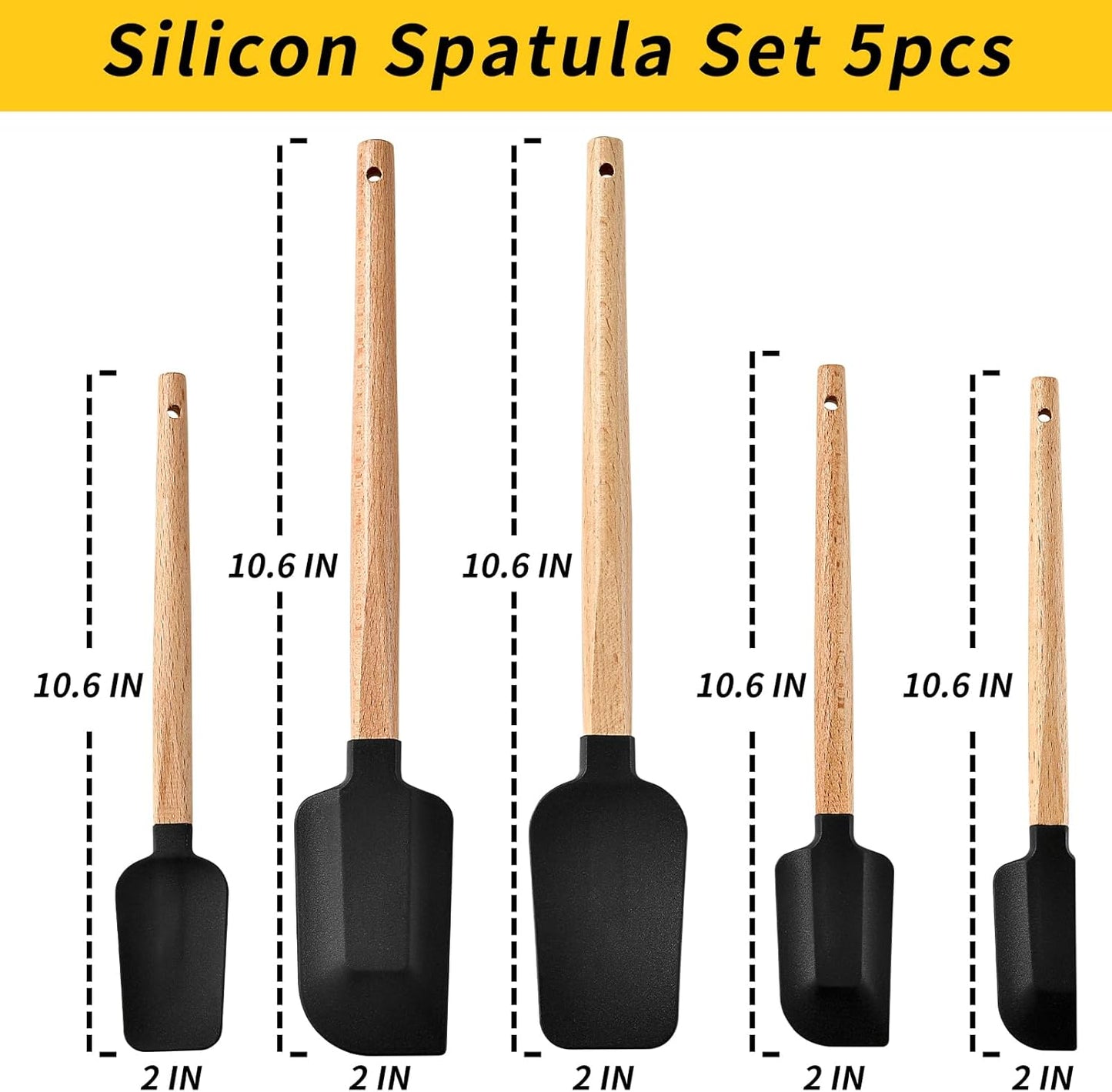 Silicone Spatula Set 5-Piece, Food Grade Heat Resistant 600°F, Wooden Handle Non-Stick Kitchen Utensils for Cooking & Baking (Black)