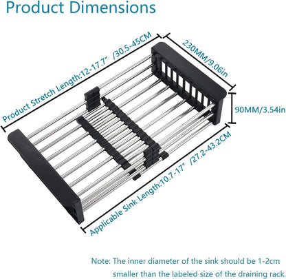 Over The Sink Dish Drying Rack, Stainless Steel Expandable Telescopic Drain Basket with Adjustable Arms - Functional Kitchen Sink Organizer for Dishes, Vegetables & Fruits (Large, Black)