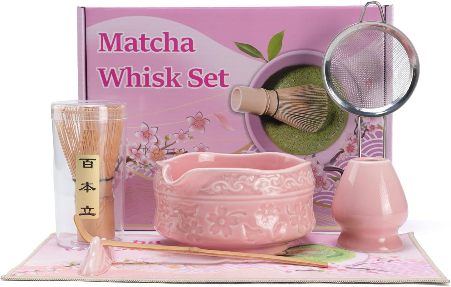 Matcha Whisk Set -7 Pcs Ceramic Matcha Kit Includes Matcha Bowl,Holder,Matcha Sifter, Bamboo Whisk (Chasen),Matcha Spoon and Scoop and Tea Towel,Matcha Kit for Matcha Lovers(Cyan)