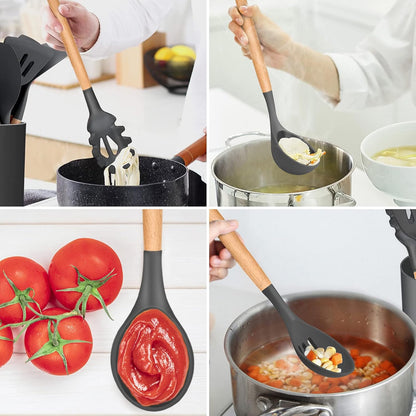 E-far Cooking Utensils Set of 6, Silicone Kitchen Utensils with Wooden Handle, Non-stick Cookware Friendly & Heat Resistant, Includes Spatula/Ladle/Slotted Turner/Serving Spoon/Spaghetti Server(Khaki)