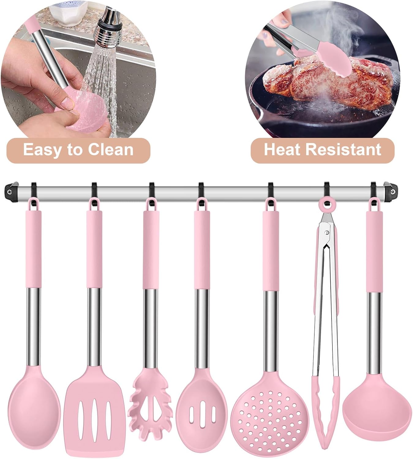 E-far Silicone Cooking Utensils Set, 7 Pcs Heat Resistant Kitchen Utensils with Stainless Steel Handle, Slotted Turner, Spoon, Soup Ladle, Pasta Server, Skimmer, Tongs for Nonstick Cookware, Black