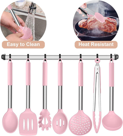 E-far Silicone Cooking Utensils Set, 7 Pcs Heat Resistant Kitchen Utensils with Stainless Steel Handle, Slotted Turner, Spoon, Soup Ladle, Pasta Server, Skimmer, Tongs for Nonstick Cookware, Black