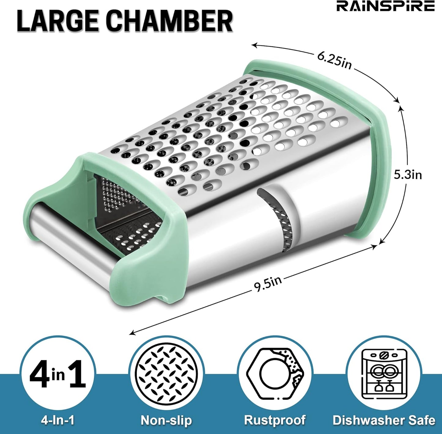 Rainspire Professional Box Grater, Cheese Grater Box for Kitchen Stainless Steel with 4 Sides, Cheese and Spice Graters with Handle for Vegetables, Ginger, Potatoes, Mint