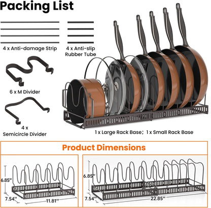 MUDEELA Pots and Pans Organizer Rack for under Cabinet, Expandable 11.81''-22.85'' Pot Lid Kitchen Cabinet Organizer Holder with 10 Adjustable Compartment Cutting Board Organizer for Pan Lid, Bakeware