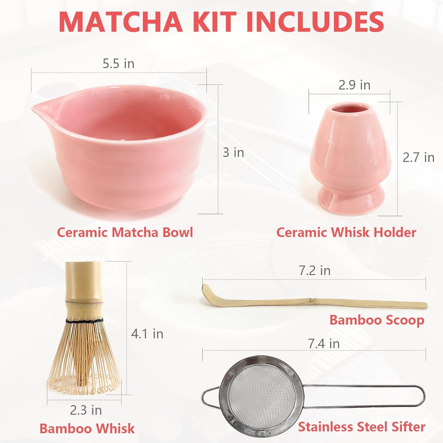 Matcha Whisk Set 5 pcs 18 oz Tea Making Bowl Kit Great for Starter Pink