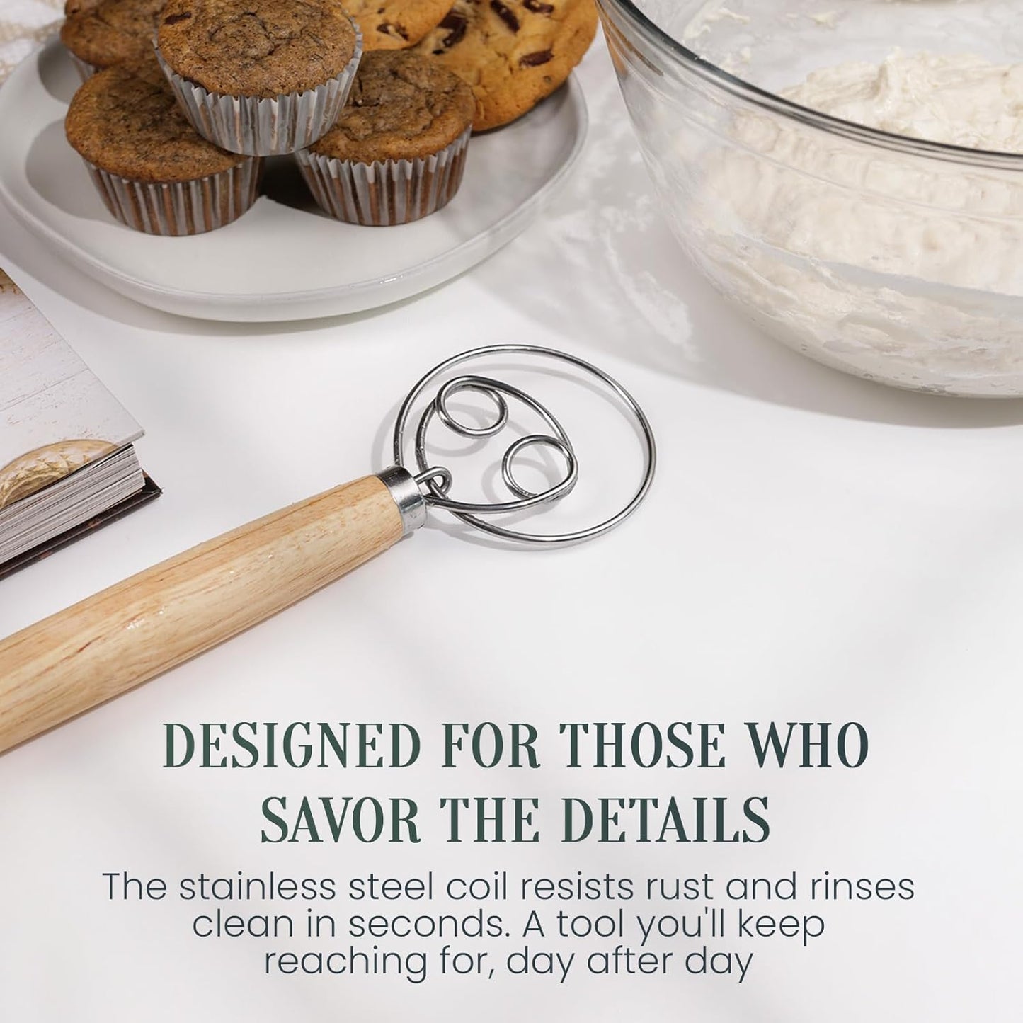 Danish Dough Whisk, Sourdough Bread Whisk with Wooden Handle, 13-Inch Stainless Steel Single Loop Dough Mixer for Bread Making, Pizza Dough, Batter and Pastry
