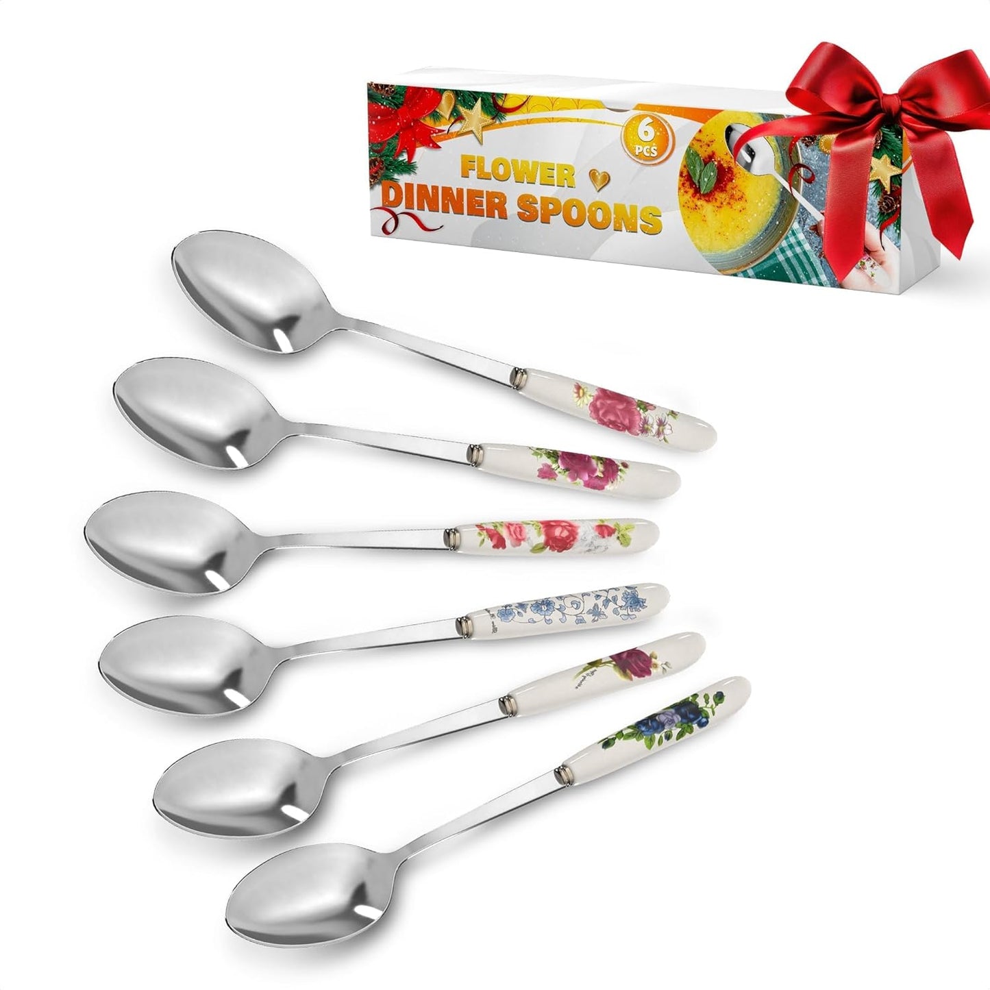 6 PCs Ceramic Handle Coffee Spoons Set – 6.1" Small Dessert Spoons with Floral Design – Stainless Steel Tea & Dessert Sugar Spoon for Coffee Bar, Espresso, Hot Drinks | Kitchen Gift Set for Women