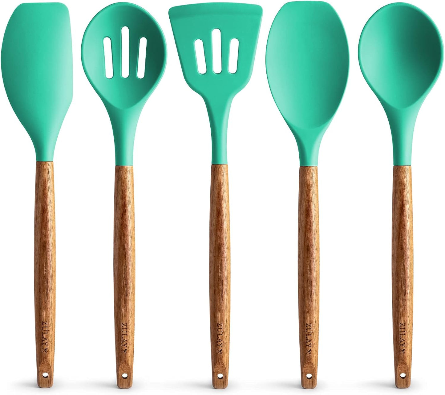 Zulay Kitchen Utensils Set Non-Stick Silicone Cooking Utensils Set with Authentic Acacia Wood Handles - 5 Piece Silicone Utensil Set - Kitchen Utensils Set with 464°F Heat Resistance - Gray