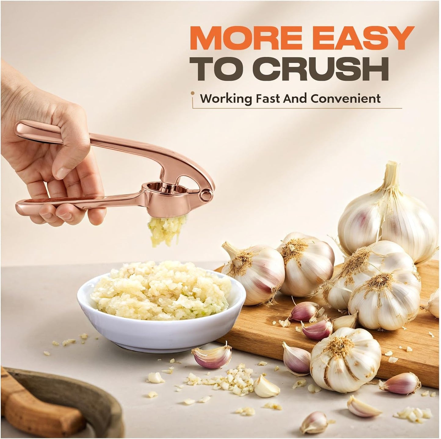 Kitchen Garlic Press, Rust Proof & Dishwasher Safe Garlic Mincer, Durable Garlic Crusher Set with Peeler＆Brush, Easy to Clean and Squeeze, Matte