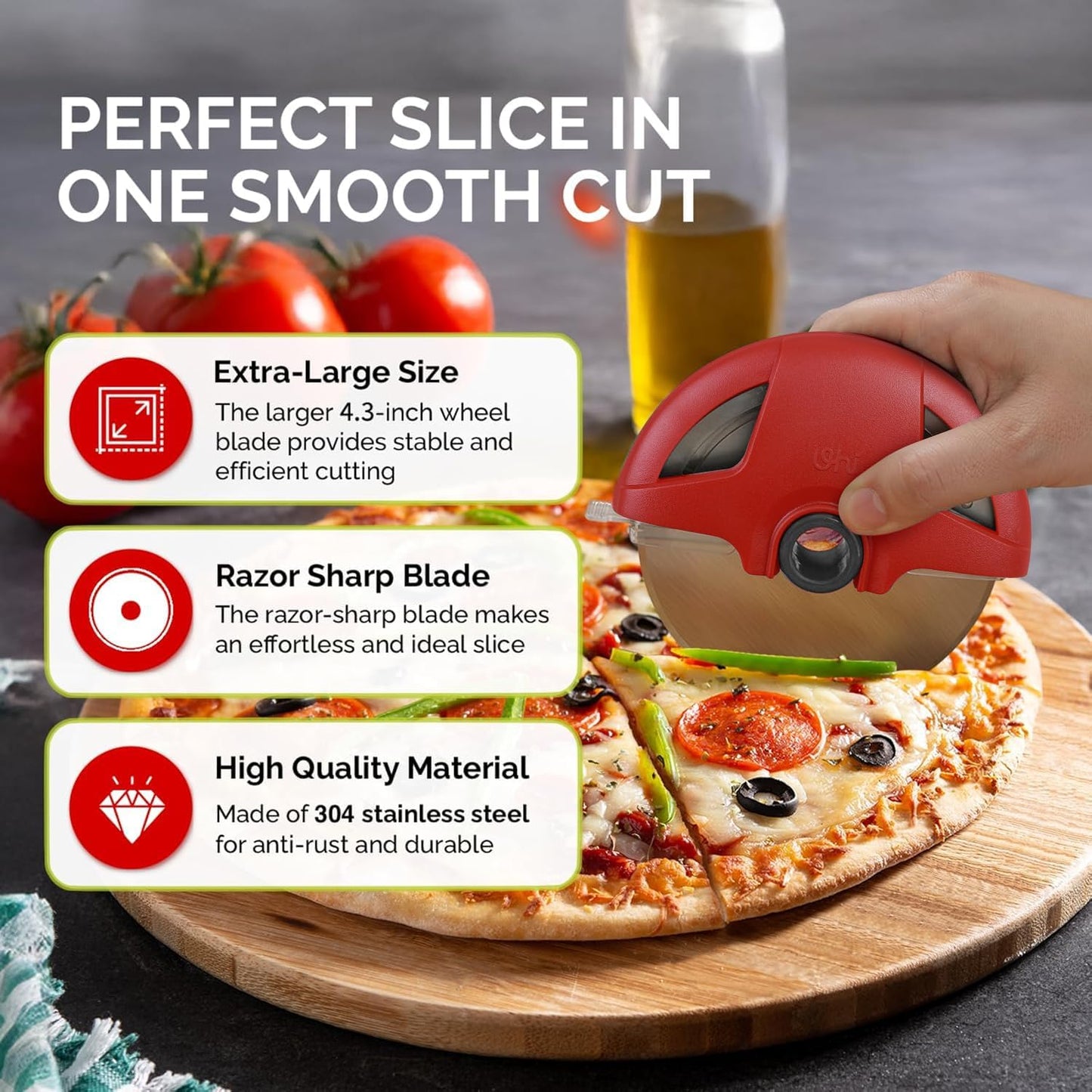UHIYEE Pizza Cutter Wheel, 4.3 Inch Stainless Steel Pizza Slicer with Protective Blade Cover, Detachable Dishwasher Safe Pizza Cutter for Thin Crust, Thick Crust, Flatbread and Pastry