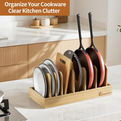 Housolution Bamboo Pot and Pan Organizer for Cabinet, 15"-29" Expandable Pot Lid Organizer with 10 Adjustable Dividers, Wooden Pan Holder Storage Rack, Fully Expanded Size 29.5" W x 8" D x 7.5" H