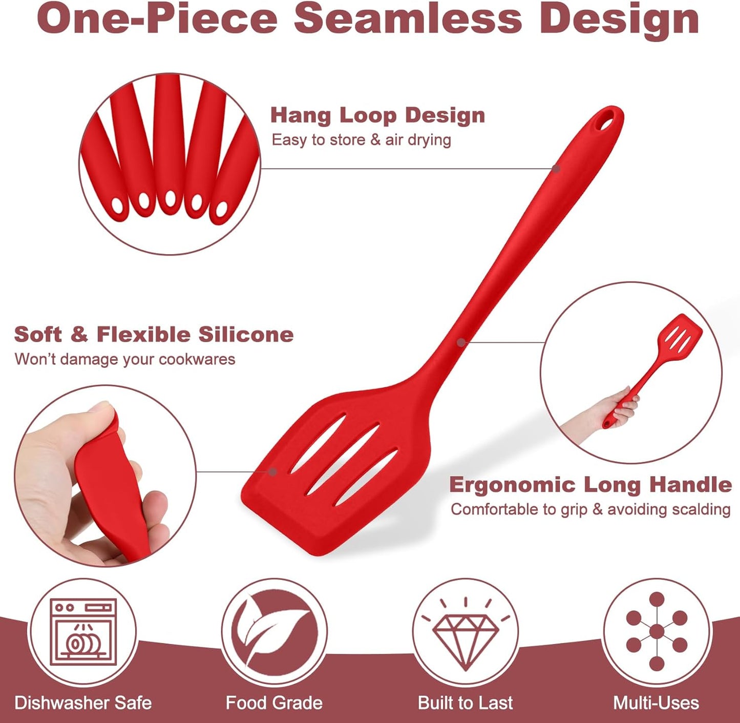 TeamFar Silicone Cooking Utensil Set of 7, Black Kitchen Nonstick Tools Turner Spoon Spatula Ladle Pasta Server for Nonstick Cookware, Healthy & One-Piece, Anti-Heat & Dishwasher Safe
