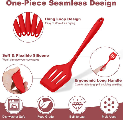 TeamFar Silicone Cooking Utensil Set of 7, Black Kitchen Nonstick Tools Turner Spoon Spatula Ladle Pasta Server for Nonstick Cookware, Healthy & One-Piece, Anti-Heat & Dishwasher Safe