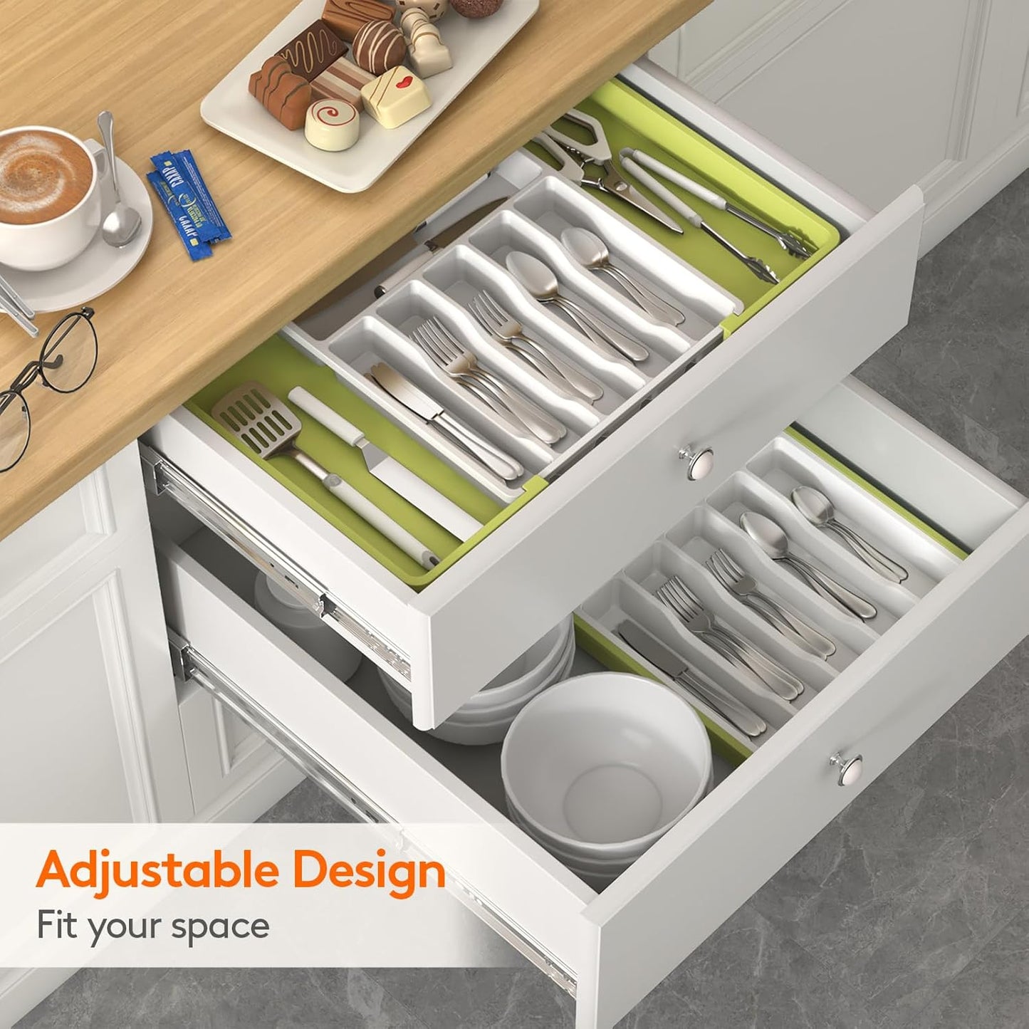 Lifewit Silverware Drawer Organizer, Expandable Utensil Tray for Kitchen, BPA Free Flatware and Cutlery Holder, Adjustable Plastic Storage for Spoons Forks Knives, 11-18 x 14", Black