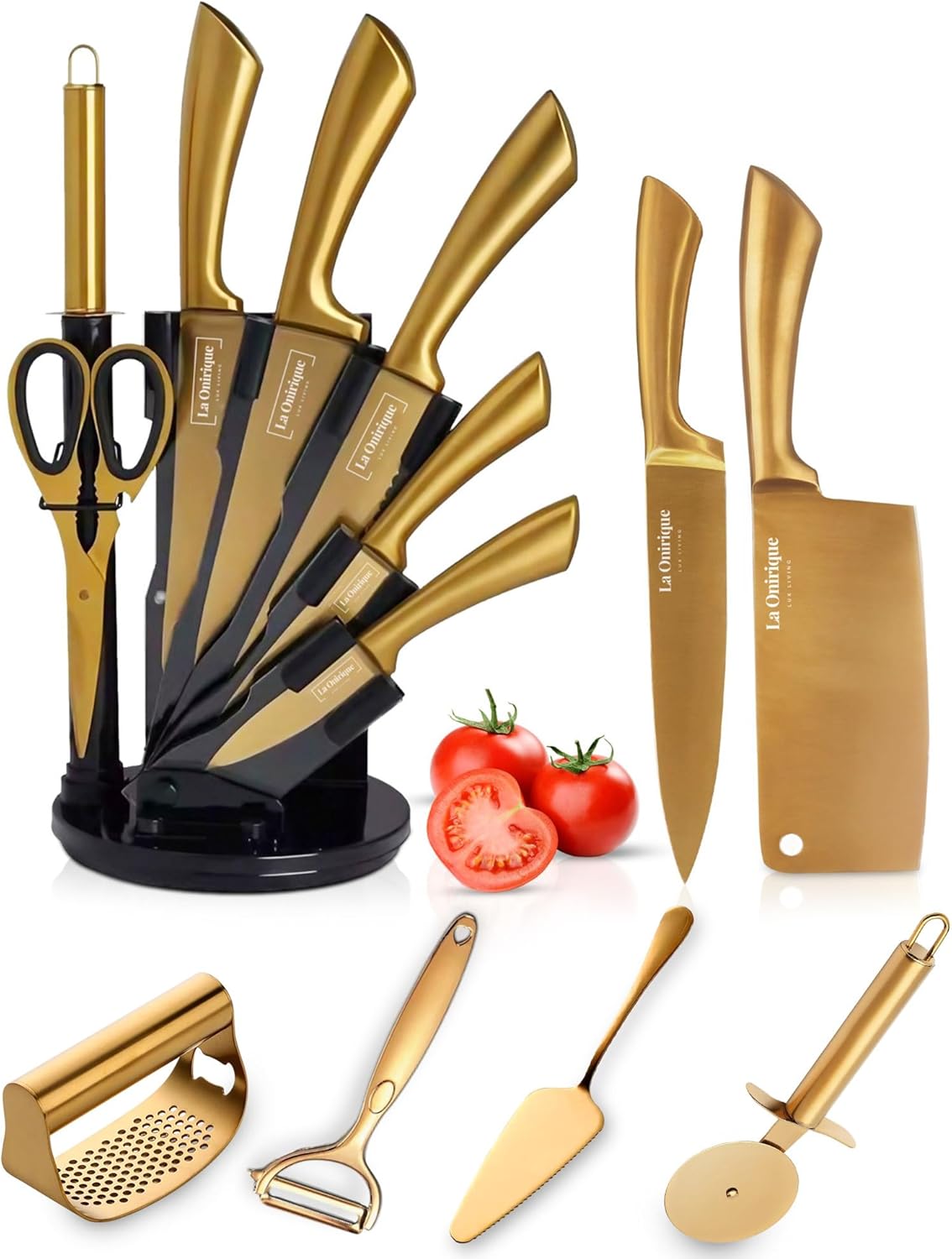 Luxury Gold Kitchen Accessories Set – Super Sharp Pizza Cutter Wheel, Garlic Press Rocker, Y Peeler, Serrated Pie & Cake Server – Premium Titanium-Coated Stainless Steel Flatware