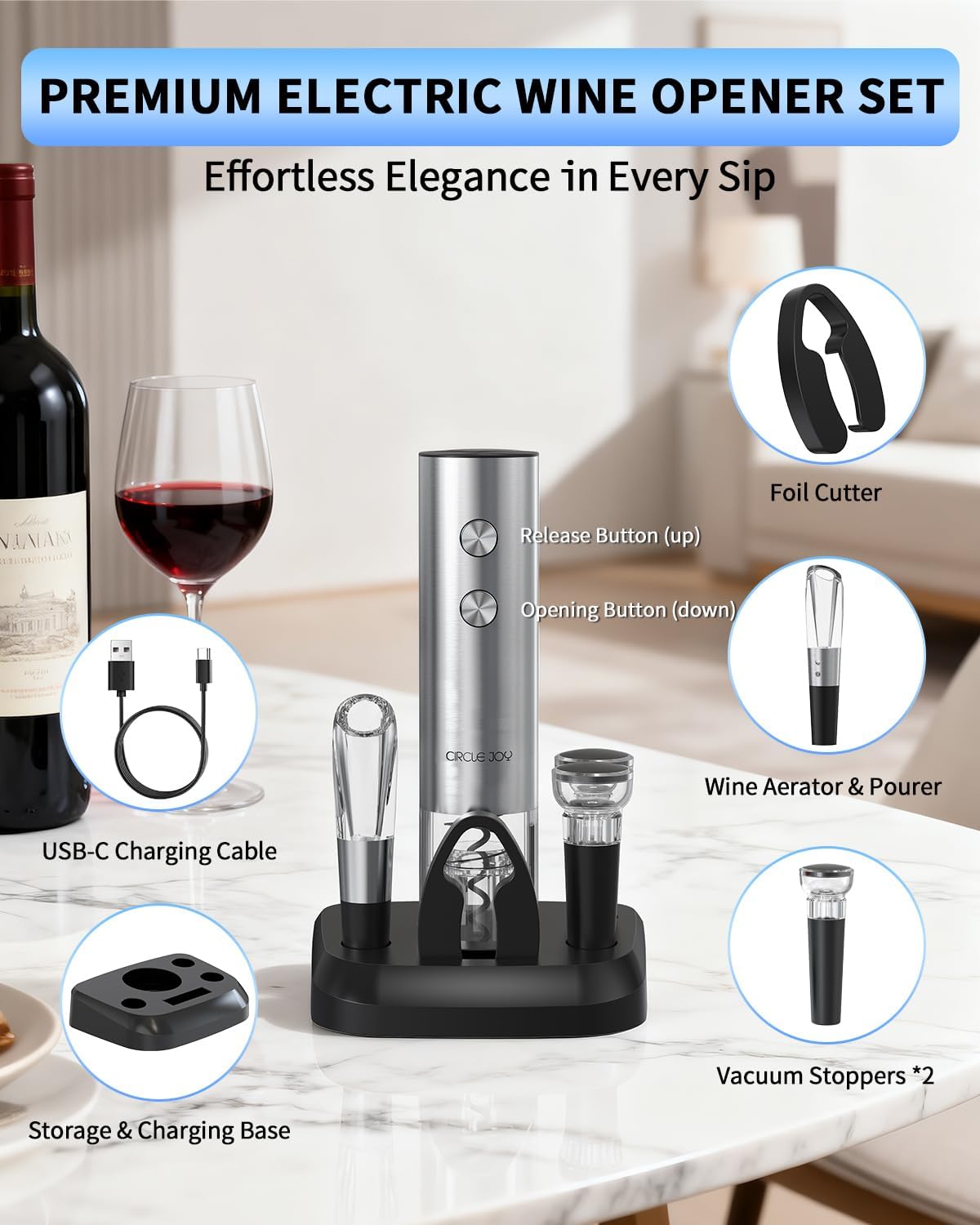 CIRCLE JOY Electric Wine Opener Stainless Steel Rechargeable Automatic Wine Bottle Opener Set 7-in-1 Wine Gifts for Wine Lovers with Charging Base, Foil Cutter, Wine Aerator Pourer & 2 Vacuum Stoppers